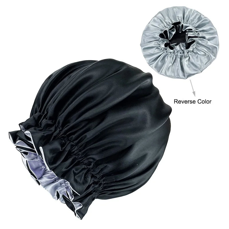 Velvetide Reversible Satin Sleep Bonnet in Black